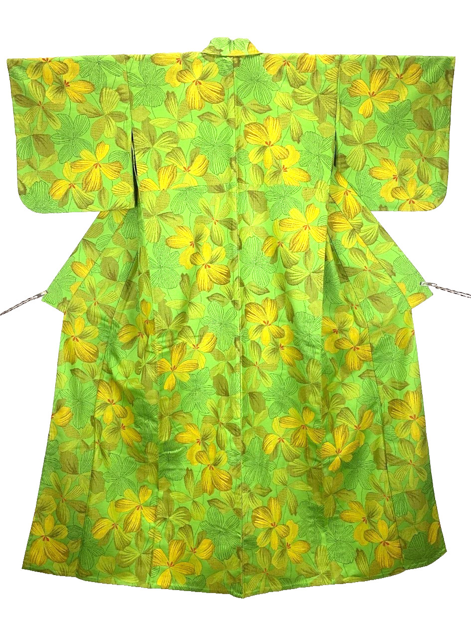 Authentic Japanese Tsumugi Silk Kimono Unlined Hitoe Casual Floral S YellowGreen