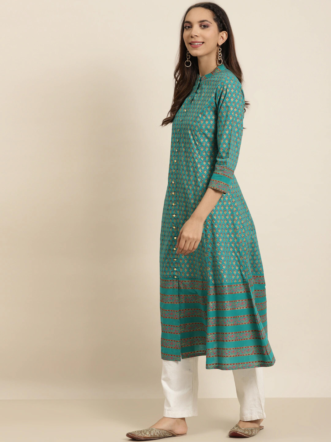 YASH GALLERY Women’s Plus Size Cotton Floral Printed Green Anarkali Kurta