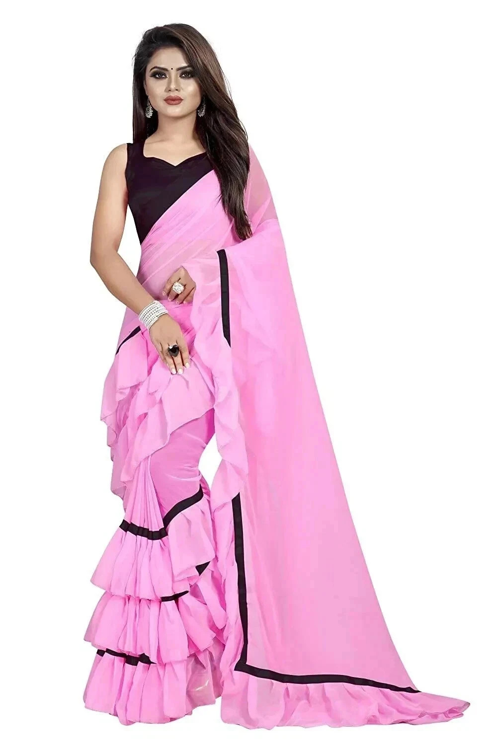 Women’s Plain Georgette Ruffle Saree Casual & Formal Sari Blouse Baby Pink 1 Pcs