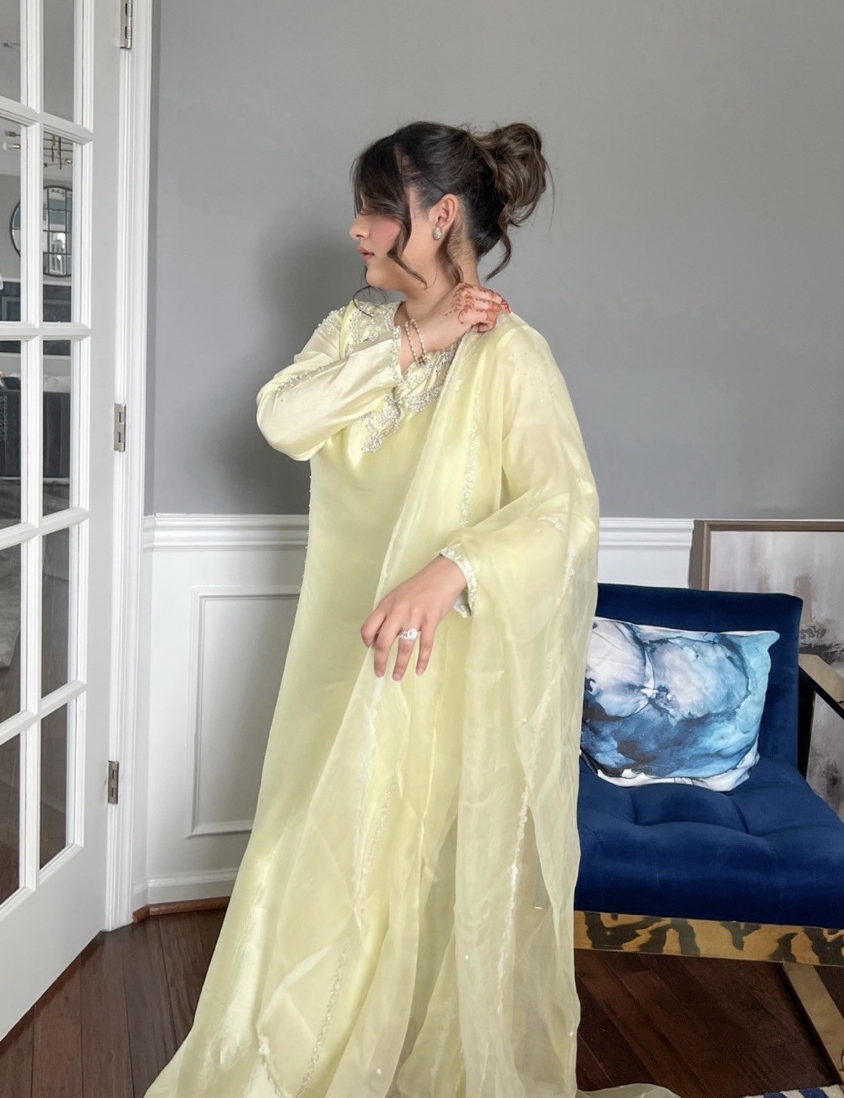 Mahum Asad Lolita – Yellow Embroidered Kaftan 3 piece
