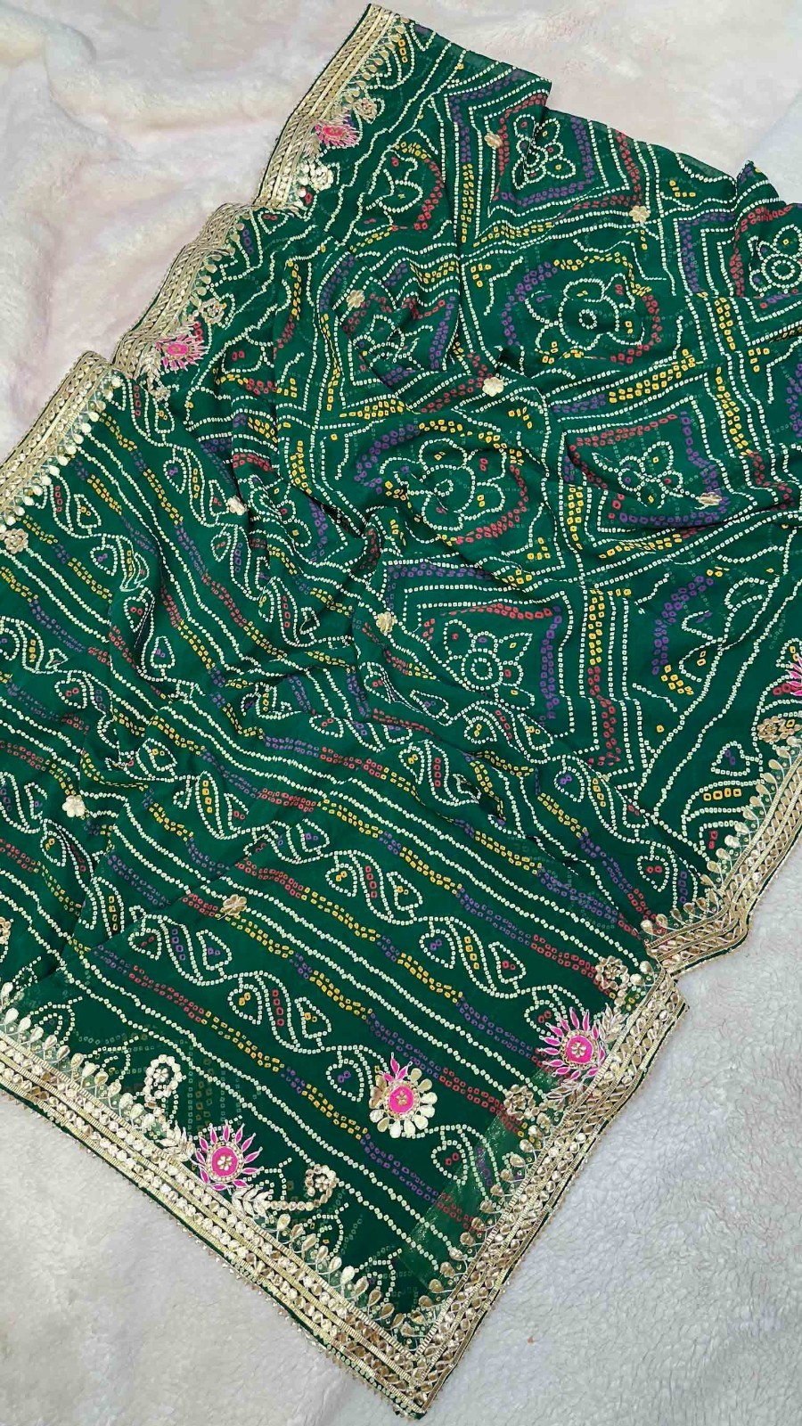 Women Green Bandhej Saree Georgette Fabric Gota Patti With Unstitched Blouse