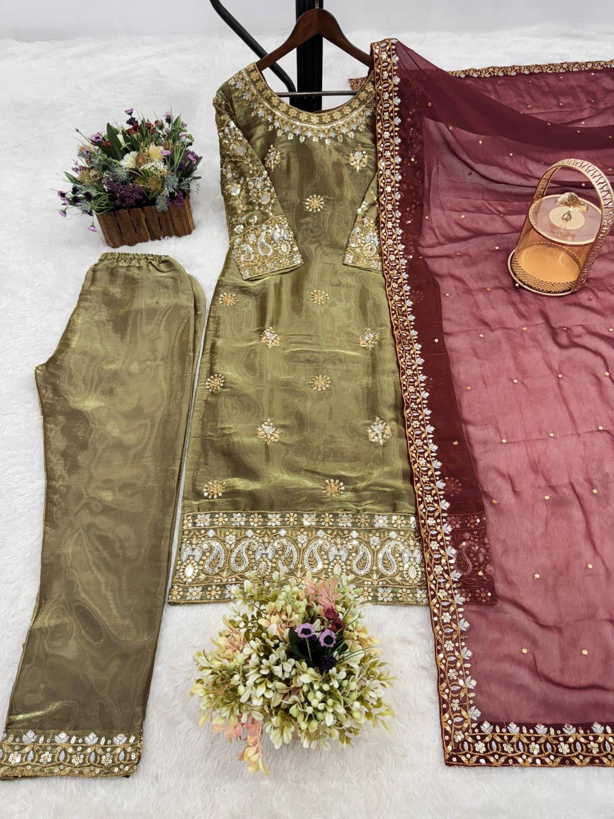New Presenting Heavy Silk Olive Green Salwar Kameez With Dupatta For Party Wear