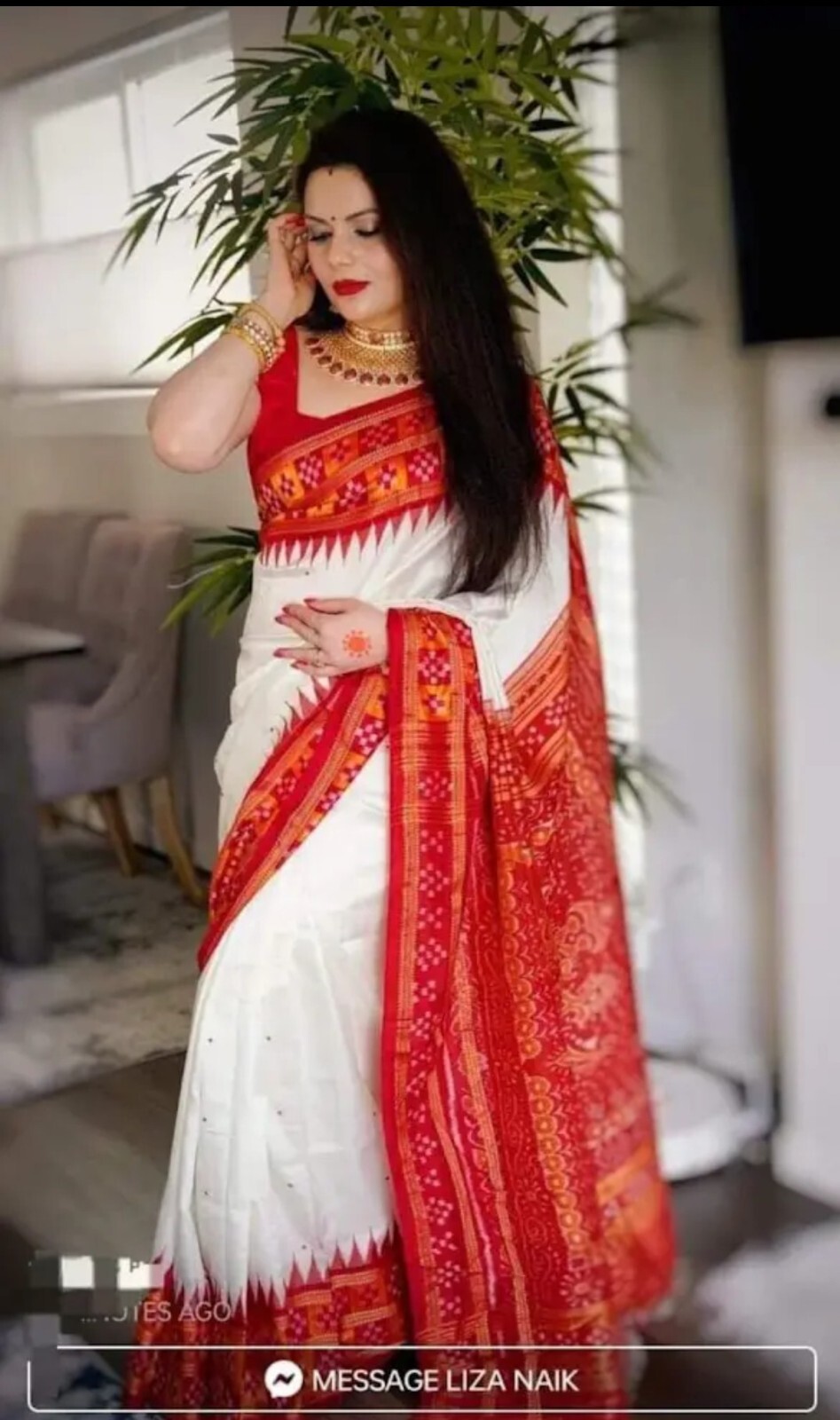 white and red Odisha Sambalpuri Ikat Pure Silk Saree