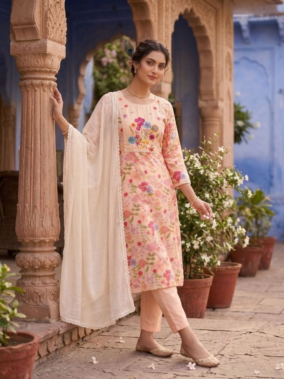 Women Designer Kurta Pant Dupatta Set Indian Bollywood Cotton Blend Kurti Dress