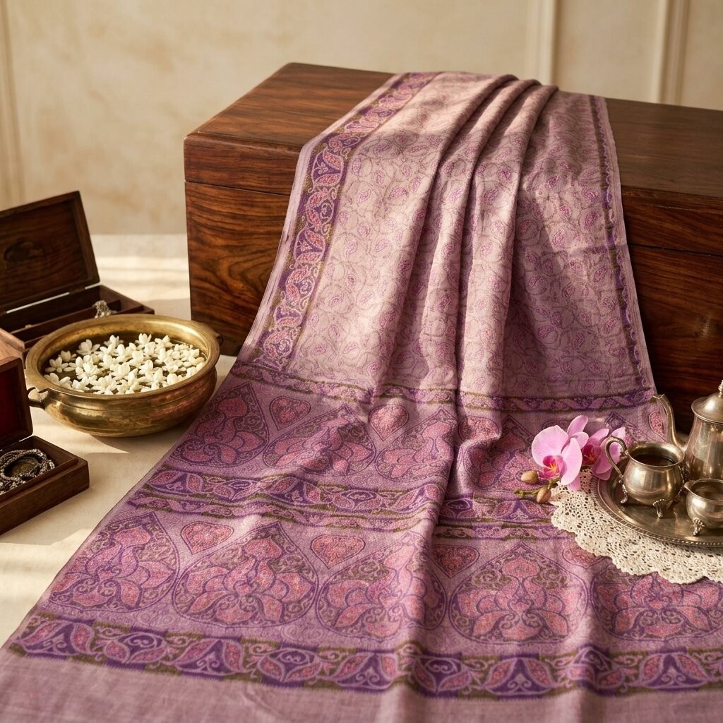 Sanskriti Vintage Saree Purple Soft 100% Pure Silk Floral Print Sari 6+Yd Fabric