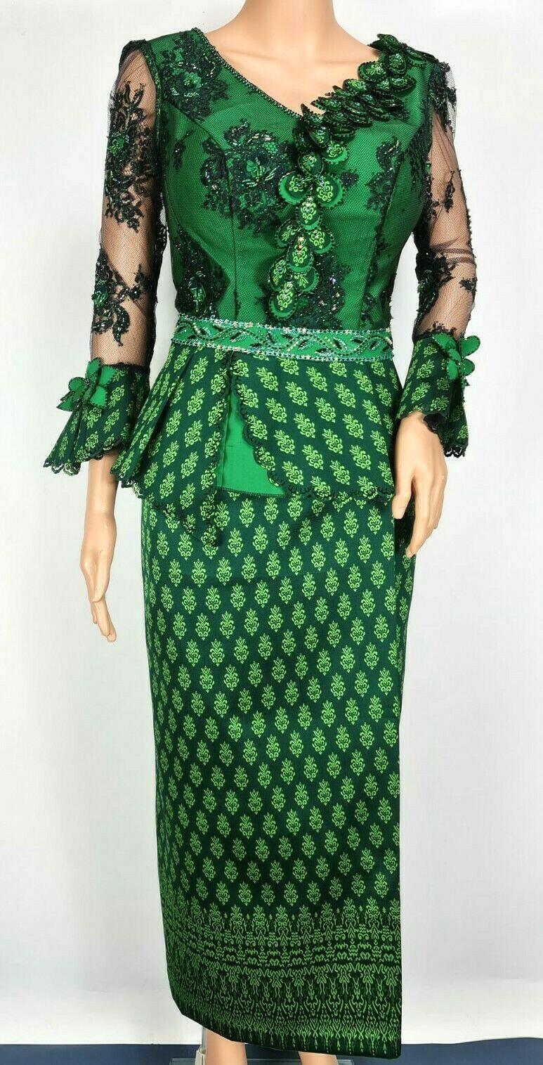 Cambodia Khmer Traditional Out fit Women Size L Green Lace Korean Silk Skirt