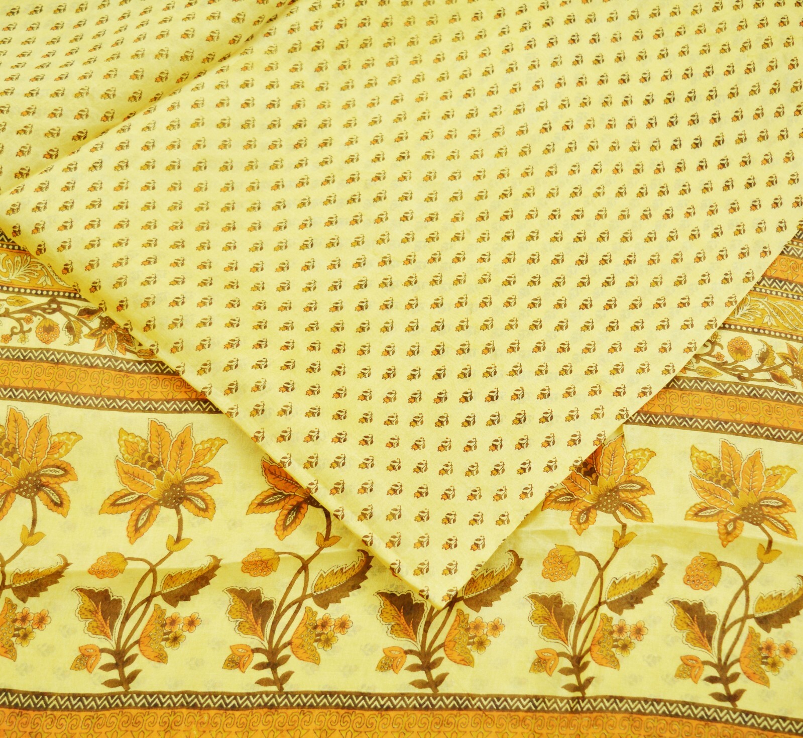 Indian Vintage Sari Beige Pure Silk Printed Sarees 5yd Sewing Craft Fabric Soft