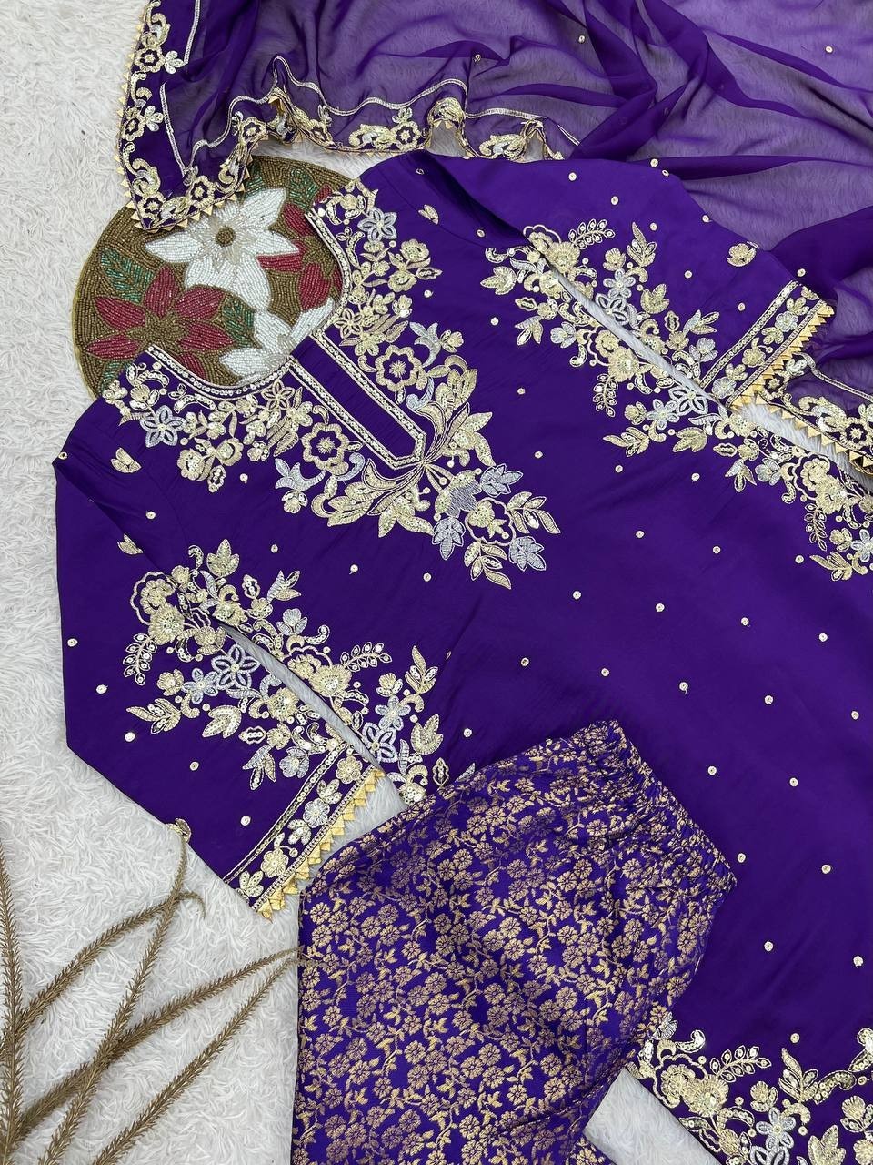 Presenting New Purple Roman Cotton Kurta Palazzo With Dupatta For Party Wear