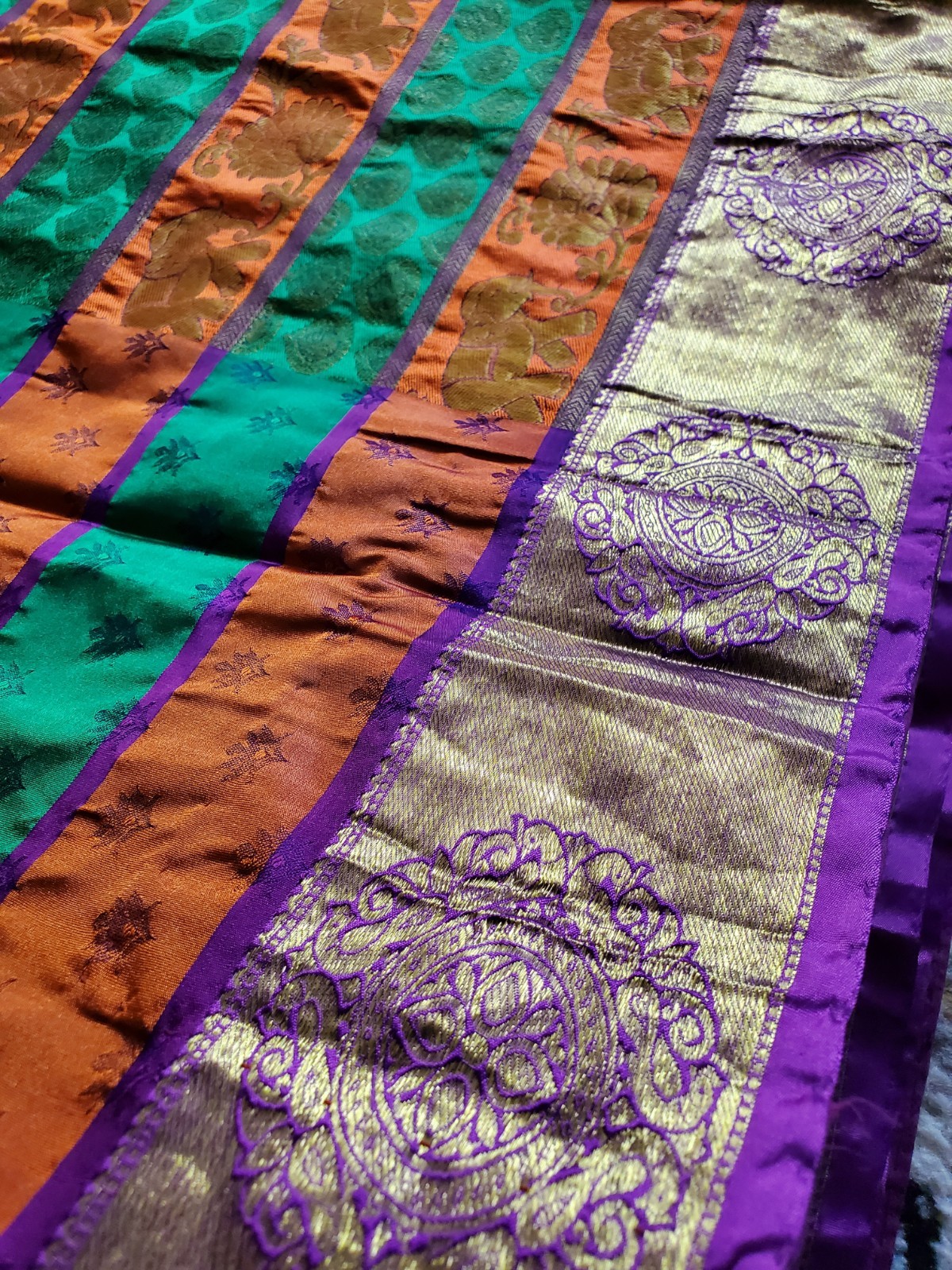 Authentic Pure Silk Dharmavaram Pure Silk Saree Horizontal Panels Green Orange