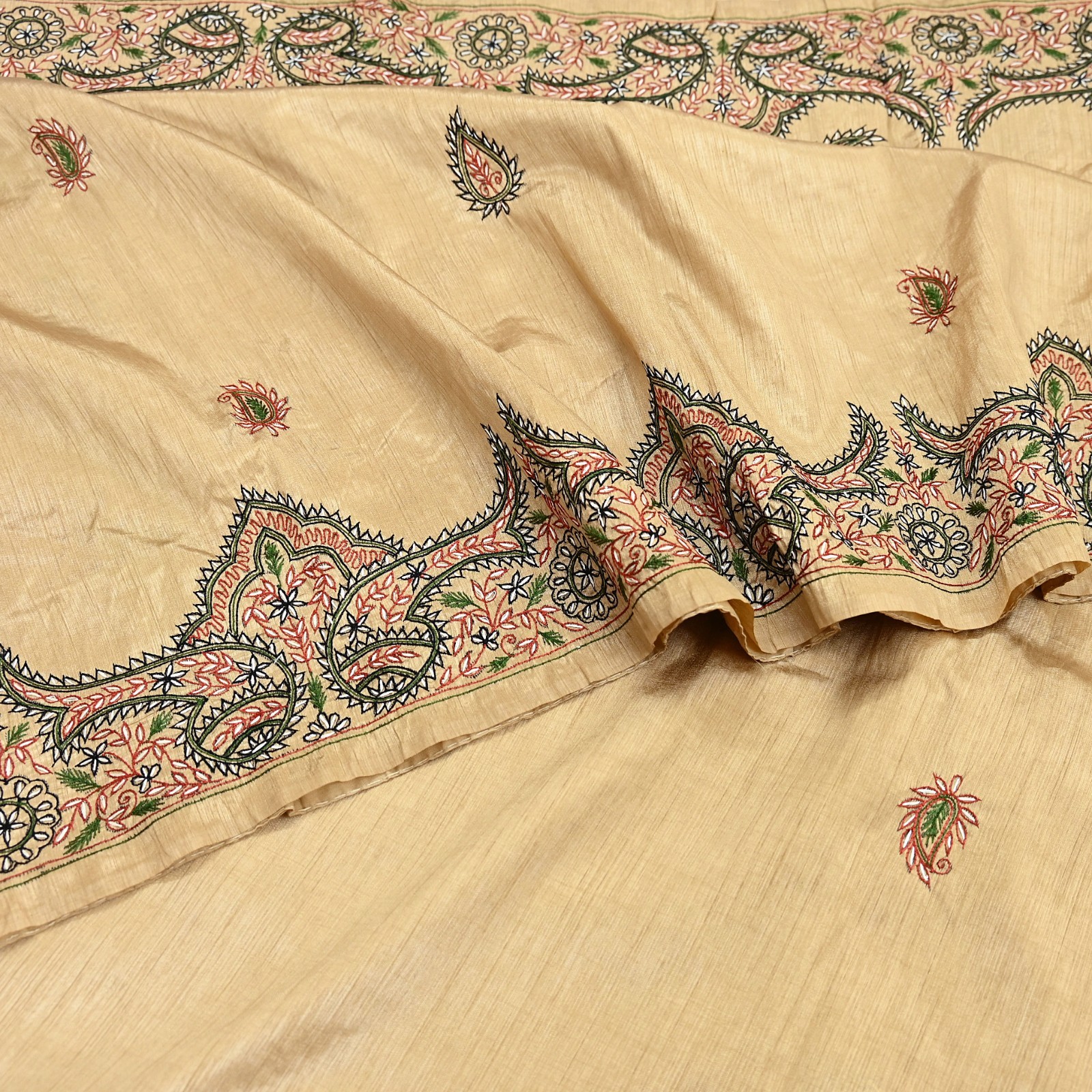 Indian Vintage Sari Beige Artificial Silk Hand Embroidered Sarees Craft Fabric 5