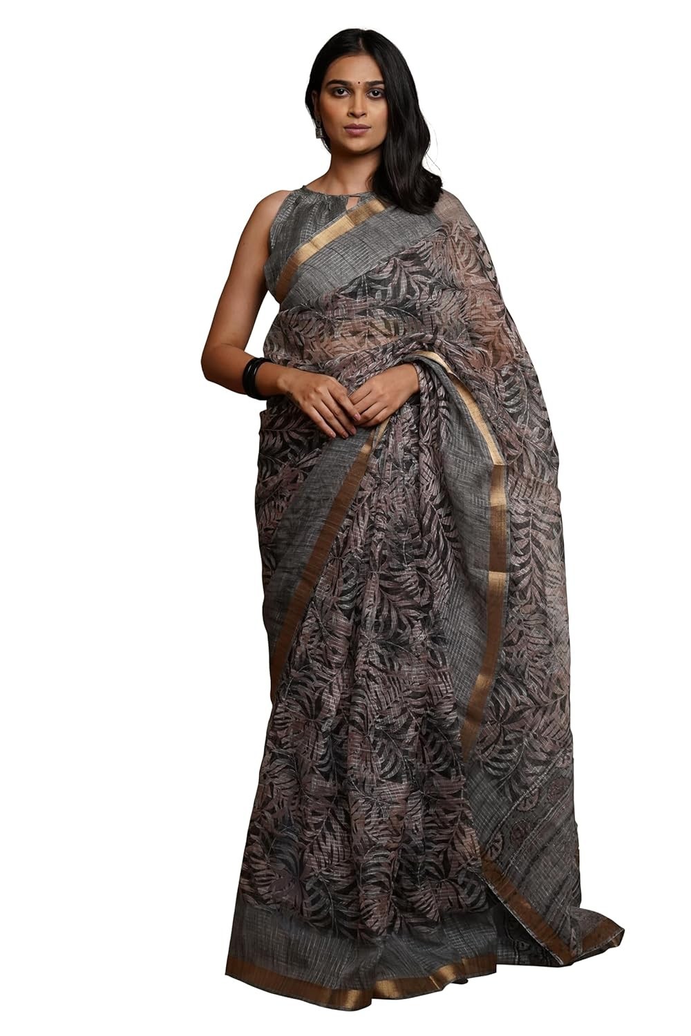 Women’s Kota Doria, Polyester Mix Leaf Floral Printed Saree with Blouse Piece
