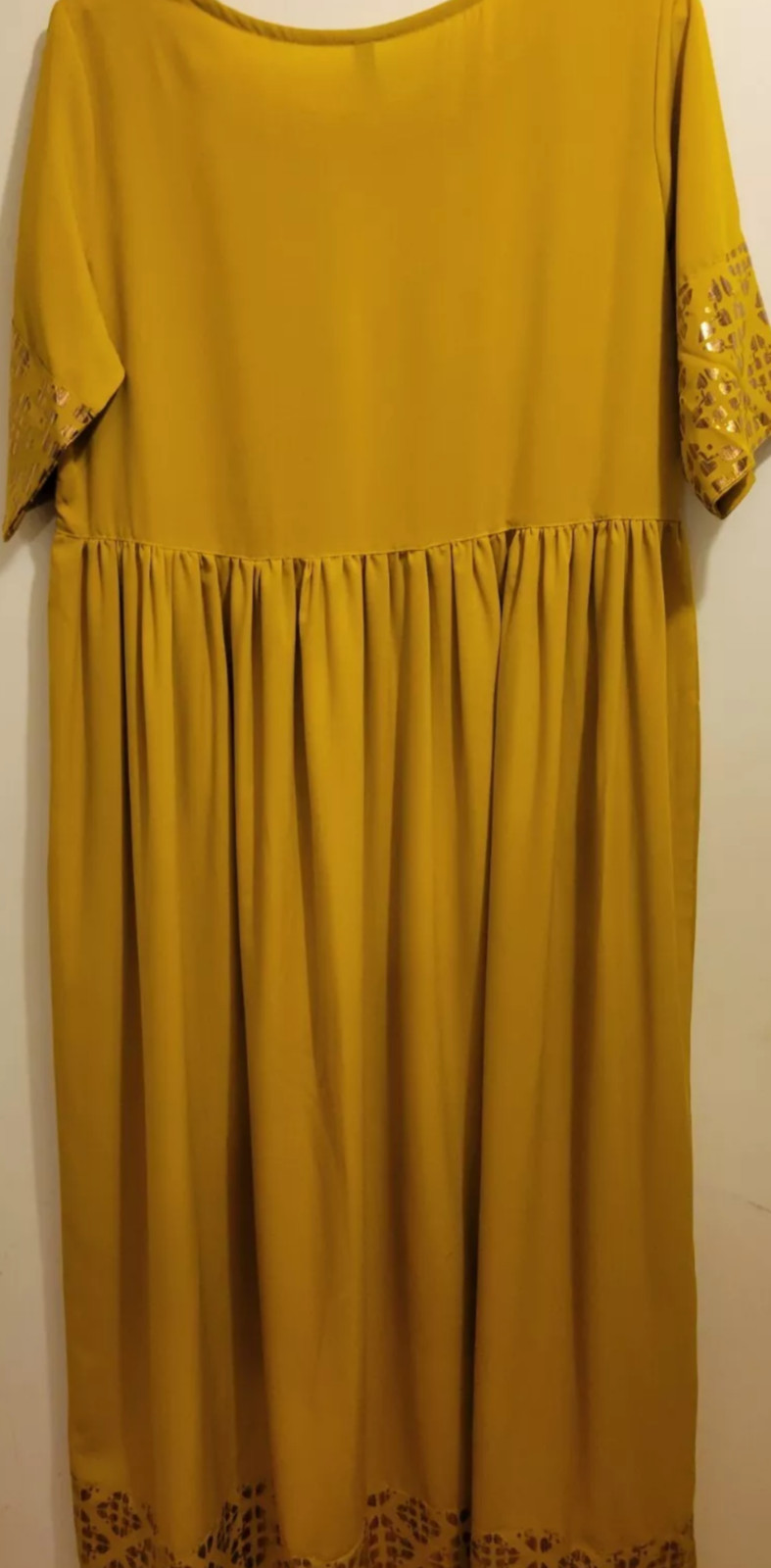 Janasya Indian Round Neck Half Sleeve Gold Print Mustard Poly Crepe Kurta