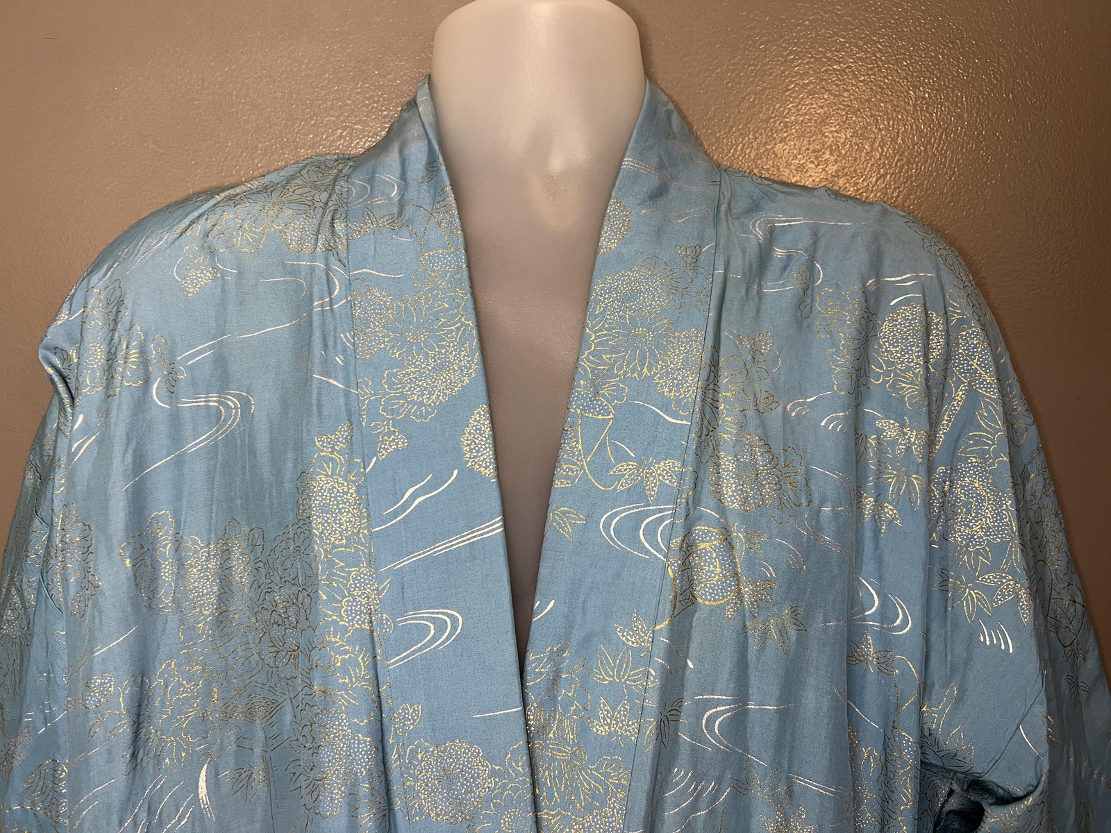 Kimono Robe Womens One Size Blue Gold Floral Print Satin Open Front Long Sleeve