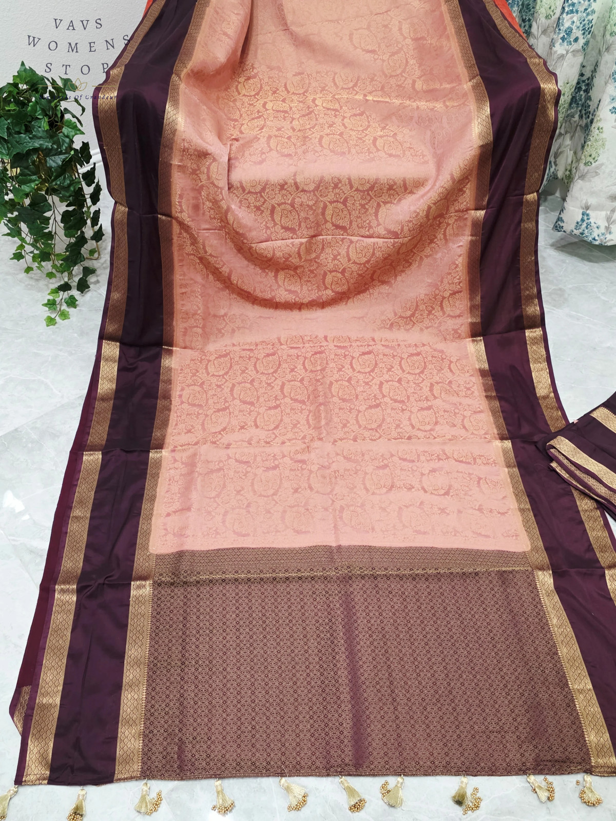 Blush Peach Aubergine Purple Semi Mysore Crepe Silk Saree Gold Zari Border