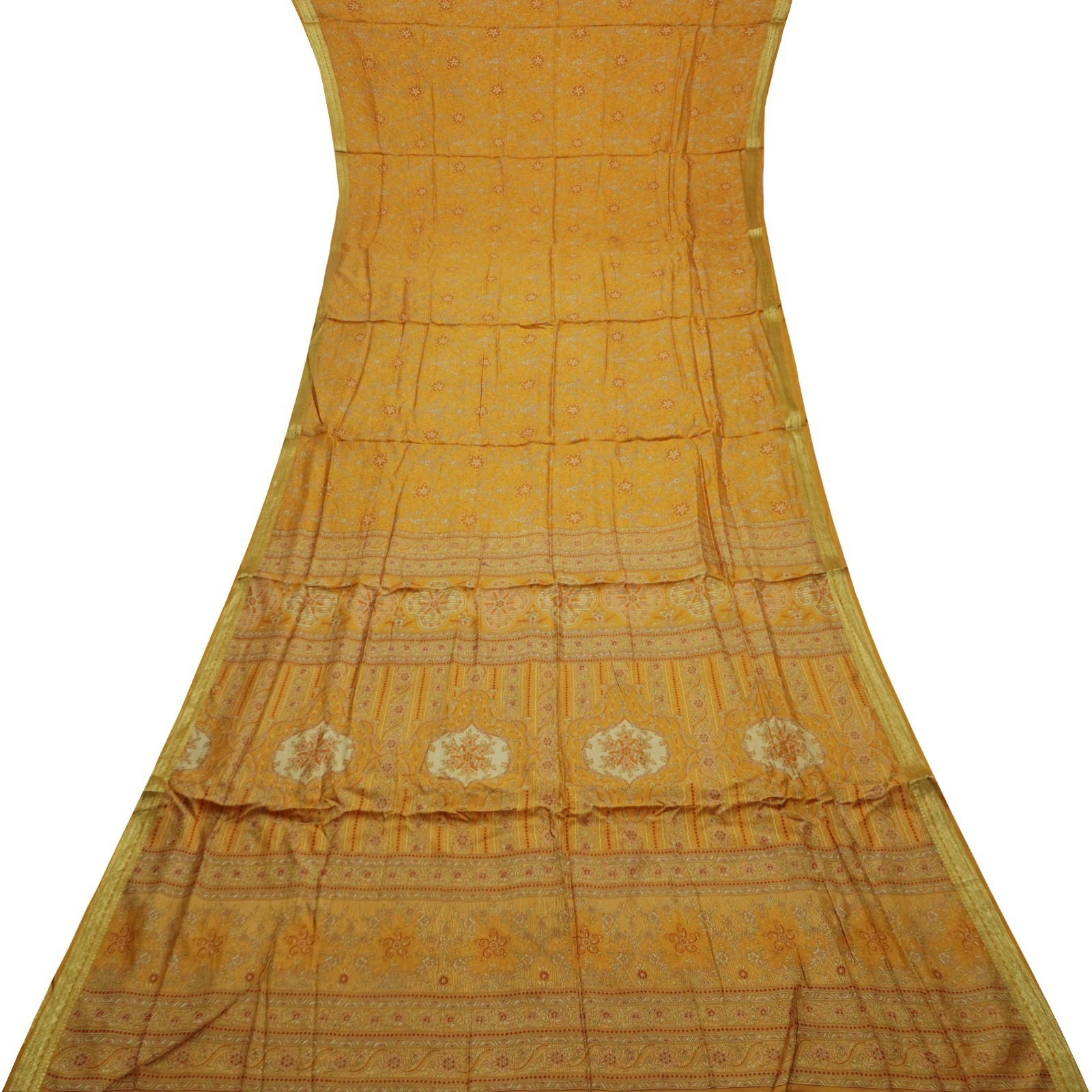Vintage Mustard Sarees 100% Pure Silk Printed Zari Border Sari 6YD Craft Fabric