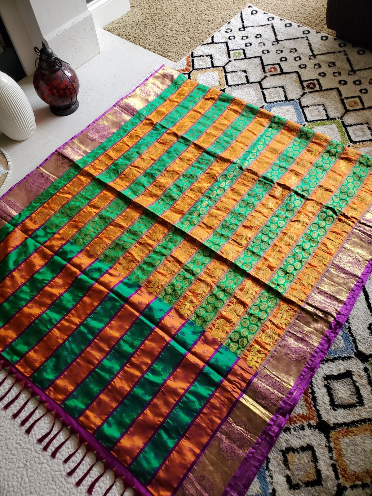 Authentic Pure Silk Dharmavaram Pure Silk Saree Horizontal Panels Green Orange