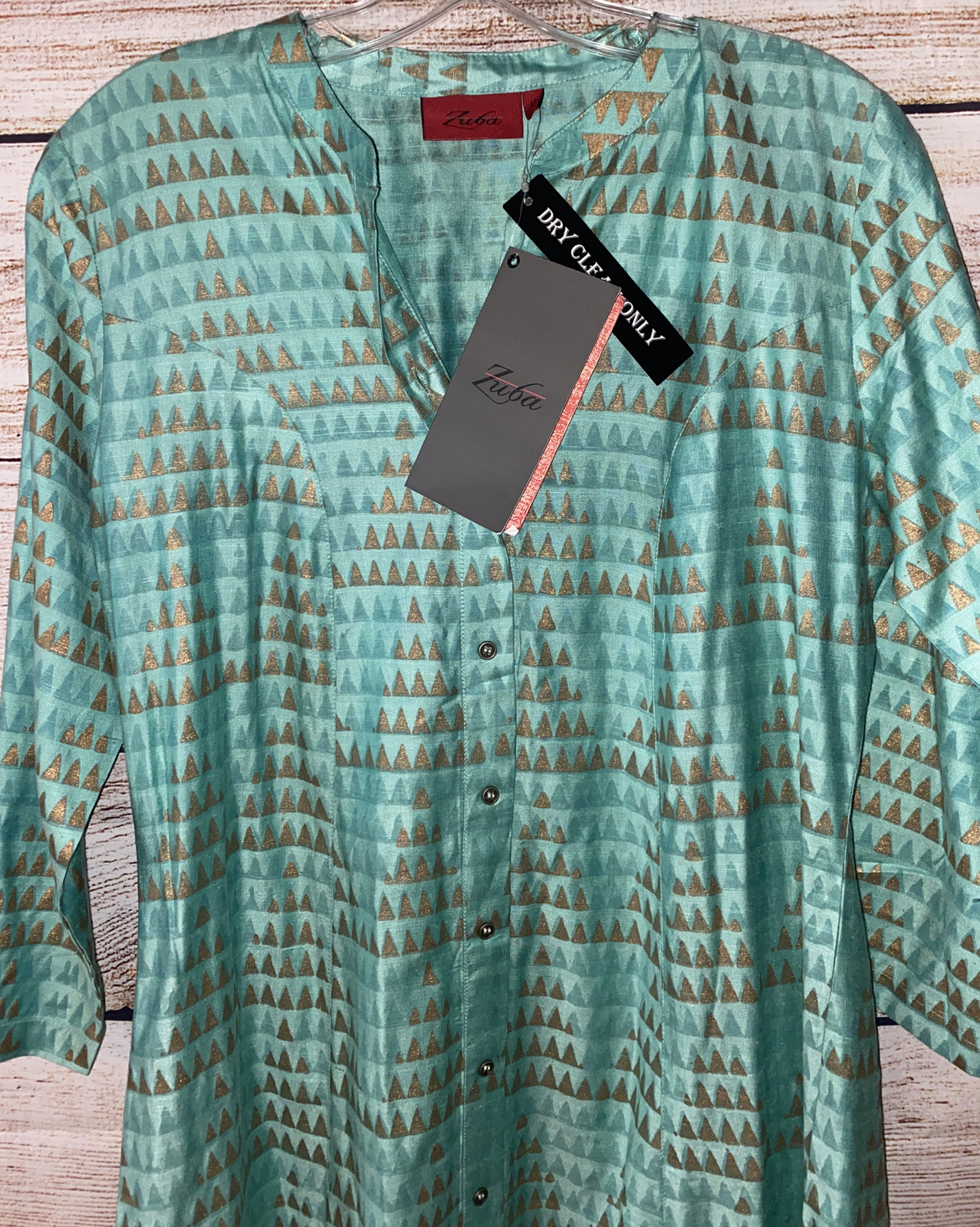 Zuba MIDI Viscose/Silk Kurta Dress Sz M Green Gold Metallic Print Button Down