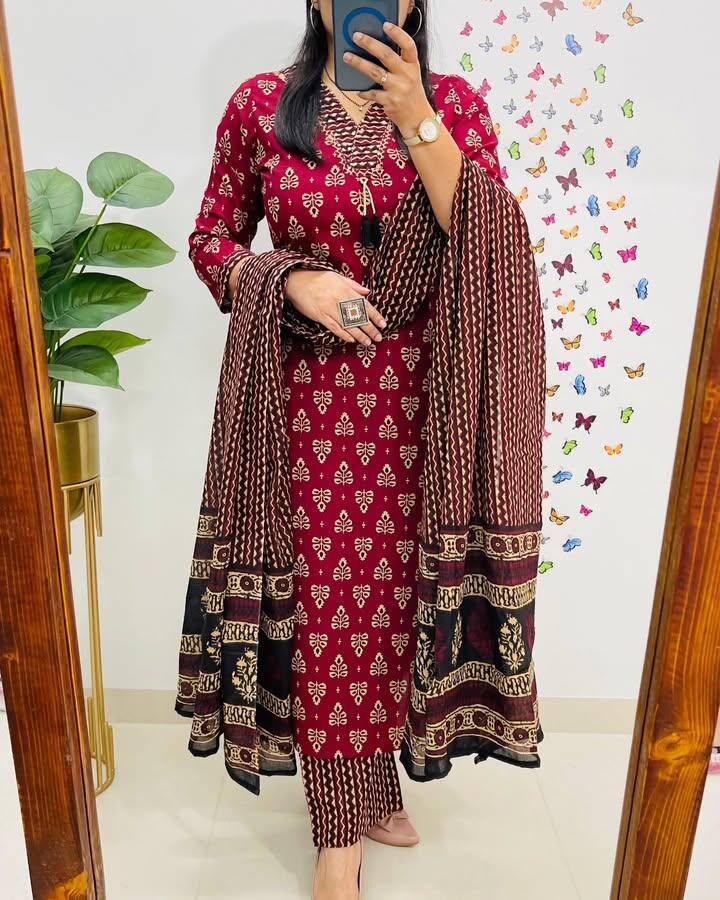 Indian Hand Block Printed Kurta Palazzo Dupatta Set Women Designer Salwar Kameez