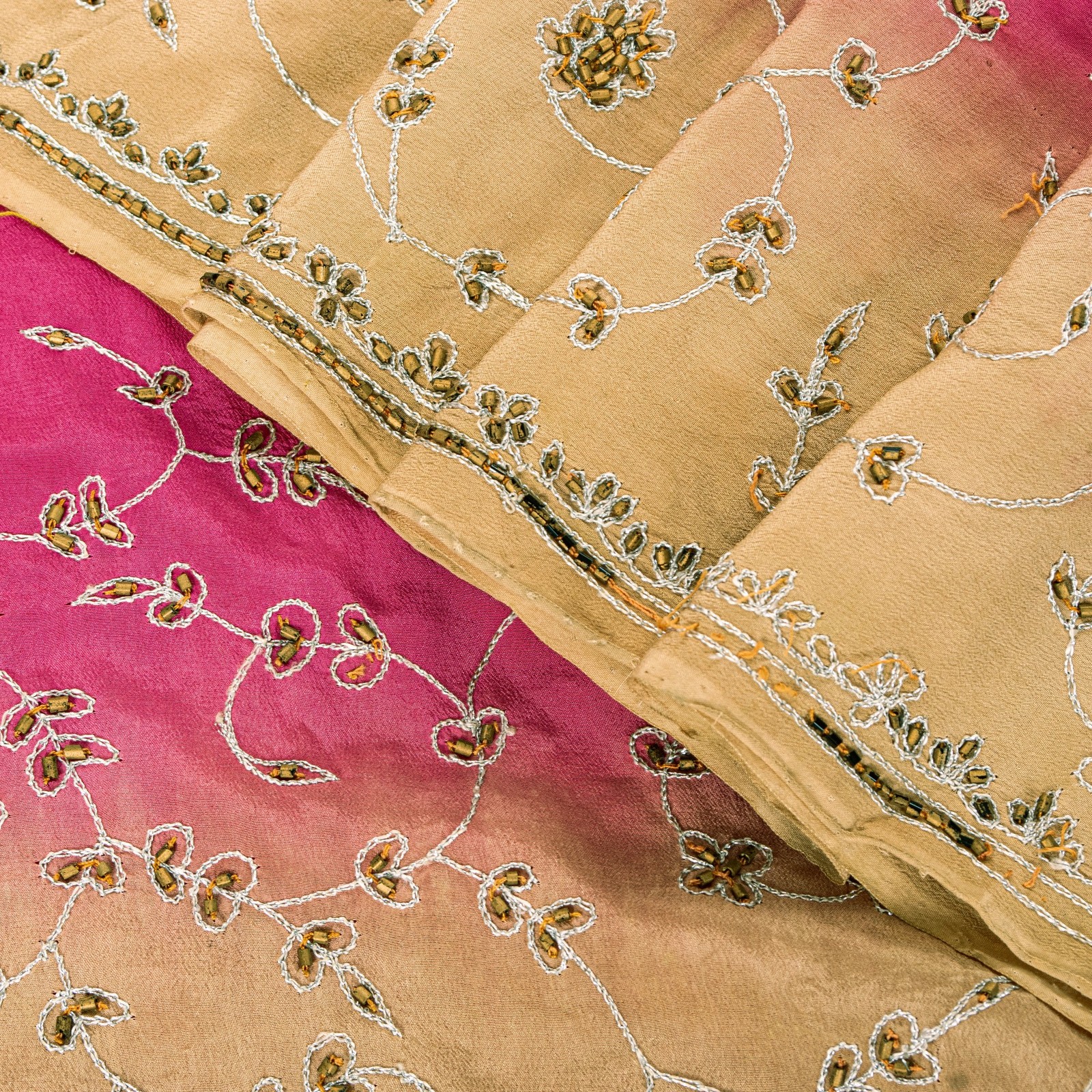 Sanskriti Vintage Pink Sari 100%Pure Crepe Silk Hand Beaded Sarees 5.5+Yd Fabric