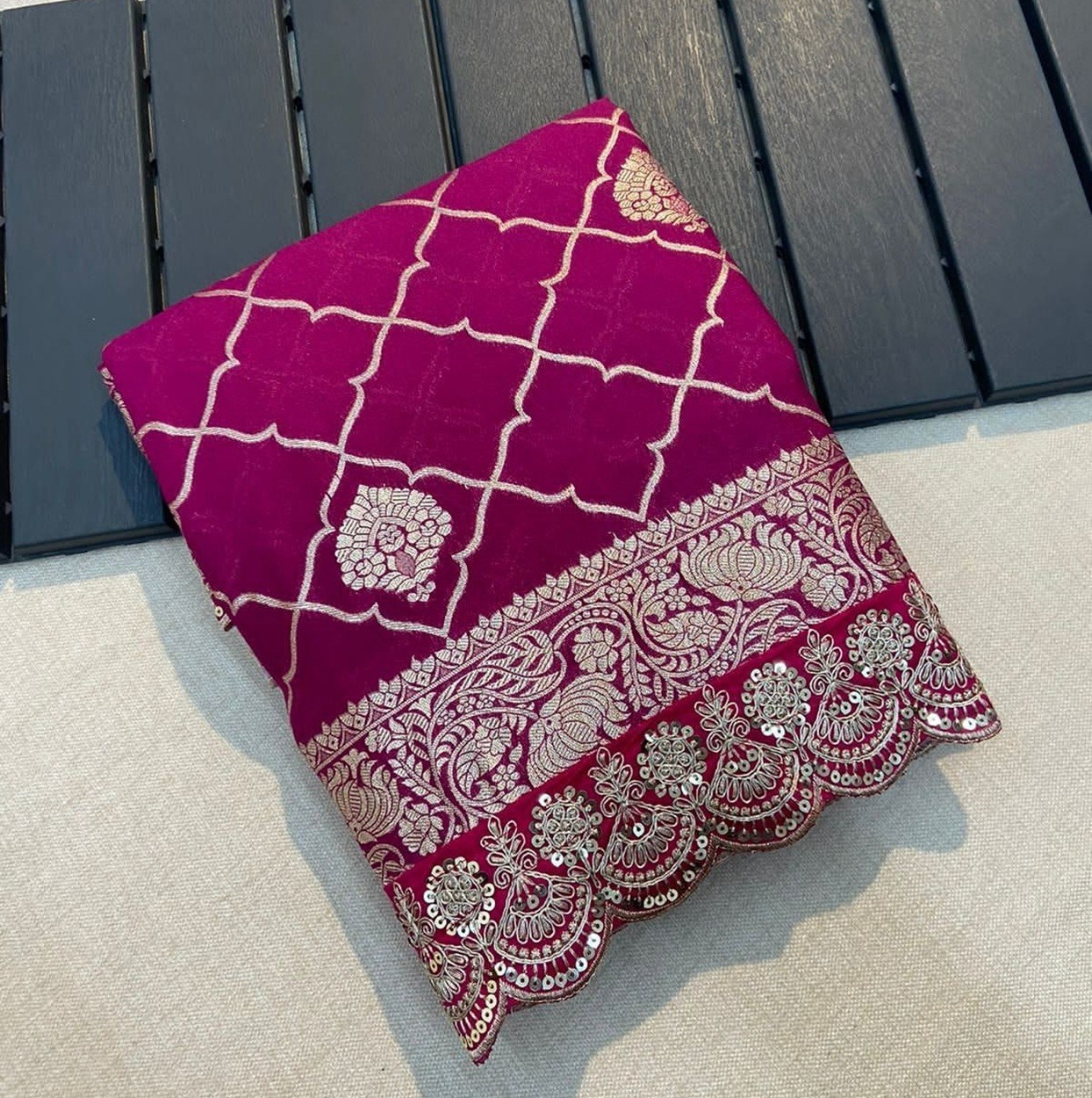 Luxury Khadi Pattu Crepe Silk Saree, All-Over Zari Design, Scalloped Lace Borde