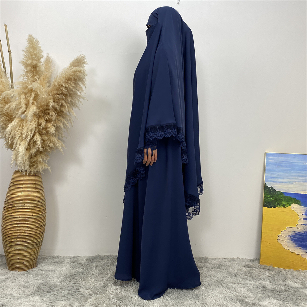 Women Loose Robe Muslim Dress Kaftan Solid Color Lace Sleeve Abaya Simple Burqa