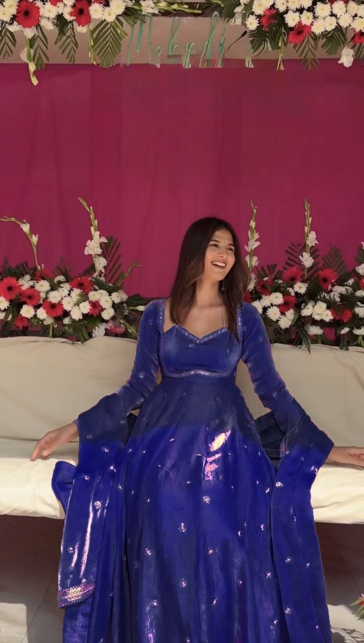 Ethnic Wear Royal Blue Soft Silk Anarkali Suit With Dupatta For Women & Girls