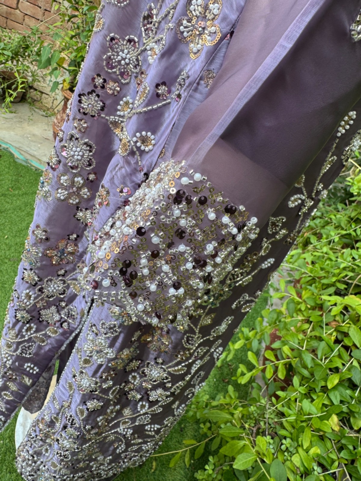 Pakistani purple silk long Gown shirt Style Embroidered Sequins Dress,L