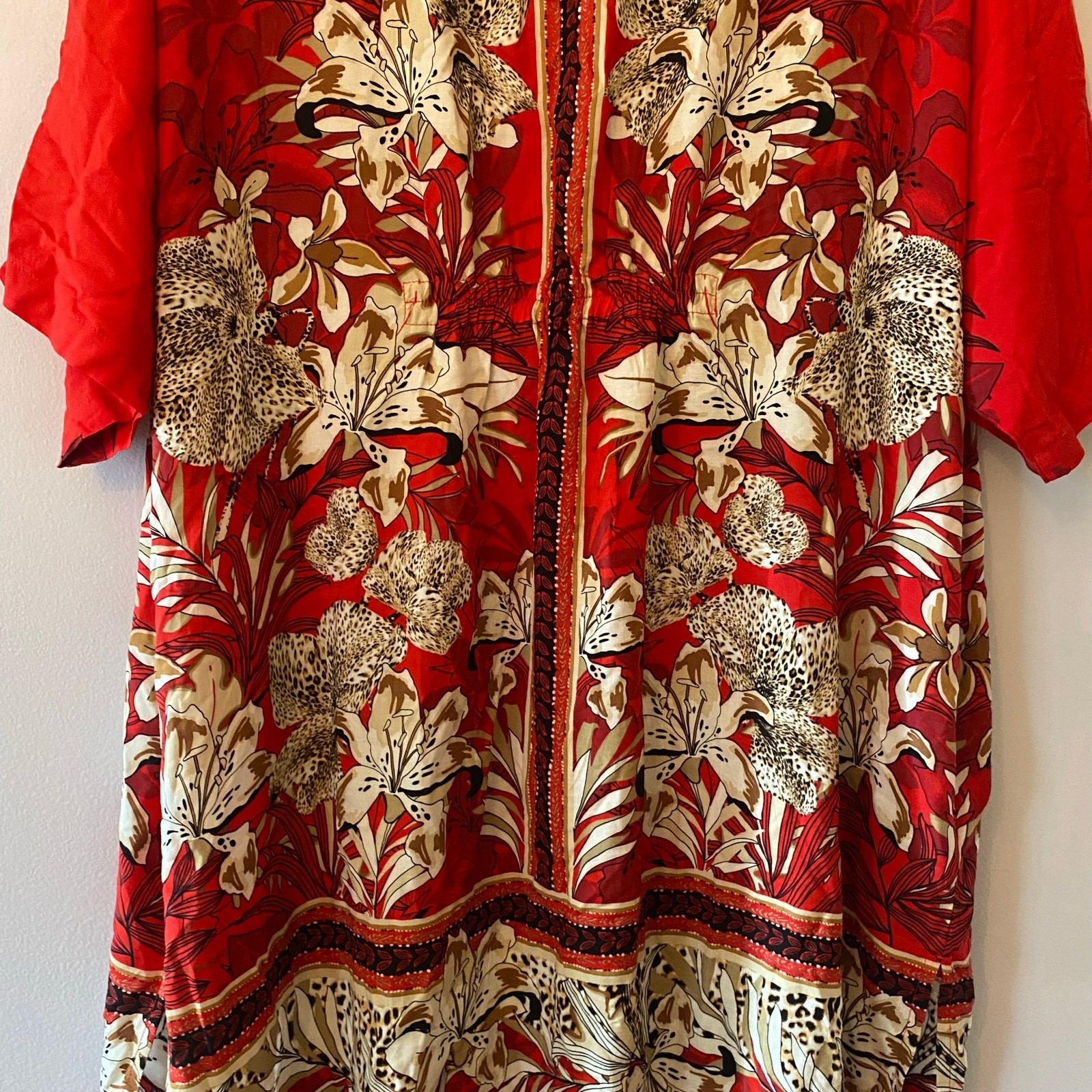 Chico’s Red Floral Animal Print Art Nouveau Kimono Cardigan Robe Small / Medium