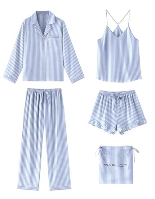 Satin Silk Pajamas for Women Set 5PCS Classic Button Down Large Blue Stripe