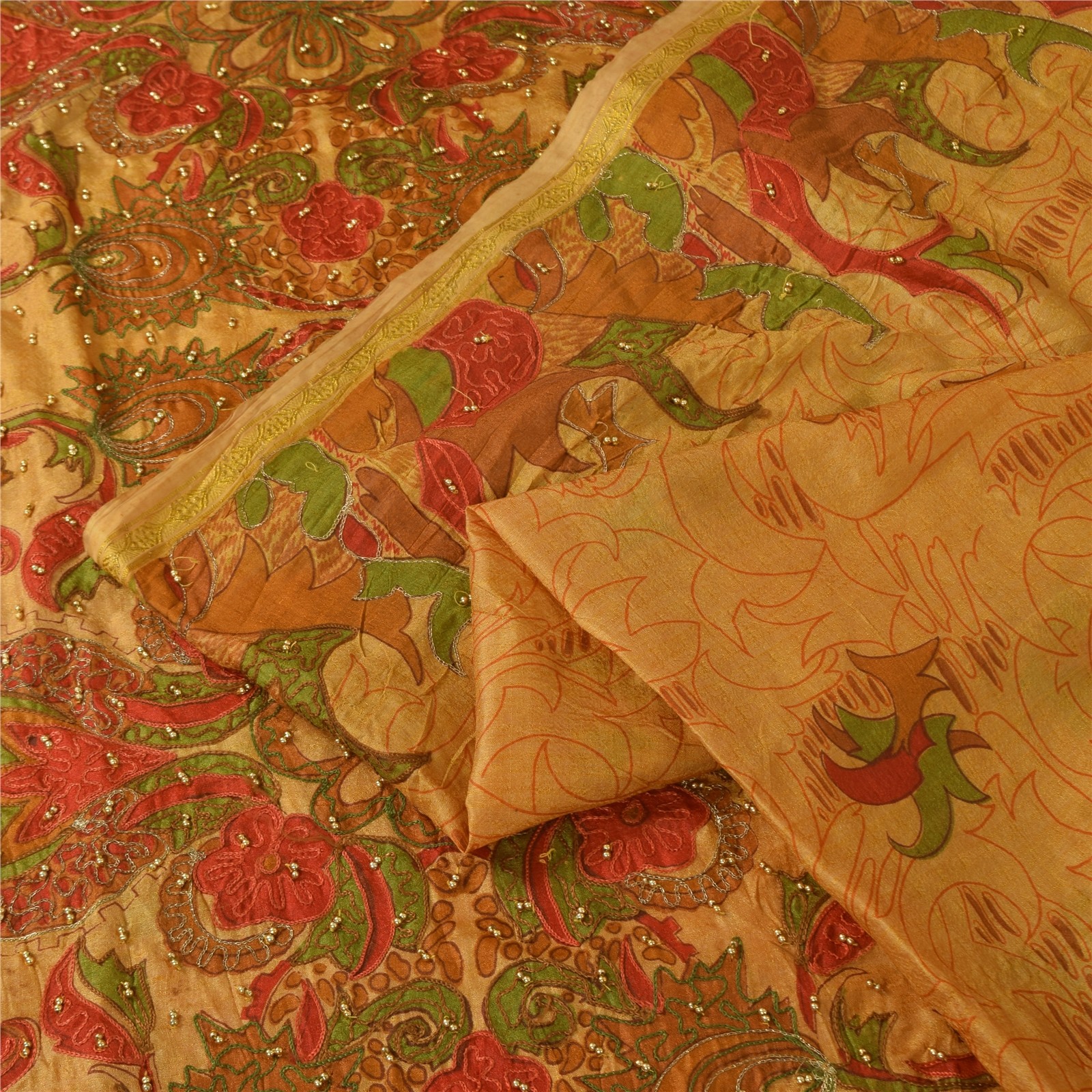 Sanskriti Vintage Saffron Saree Art Silk Indian Zari Hand Bead Sari 5+Yd Fabric