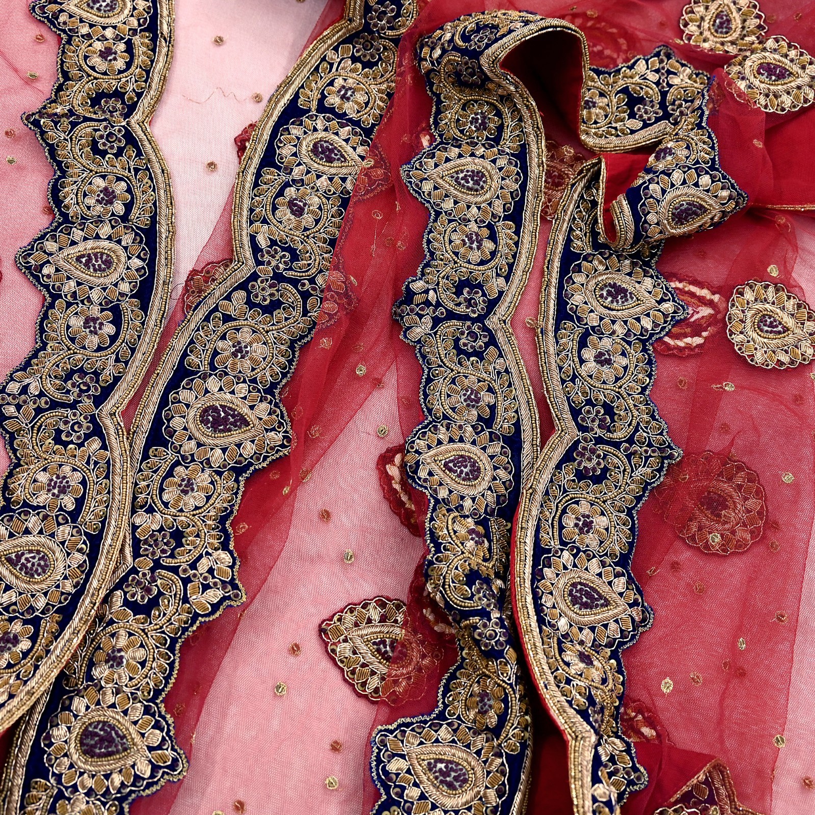 Heavy Red Raw Silk/Net Hand Embroidered Lehenga 3pcs Set By Designer Sabyasachi