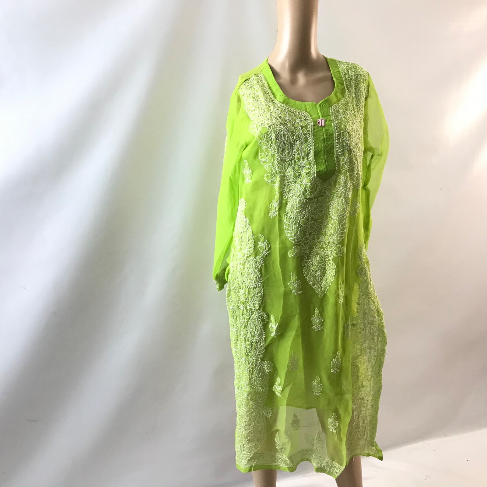 Kurti Kurta Indian Size S Floral Salwar Kameez Green Tunic Sheer See Through New