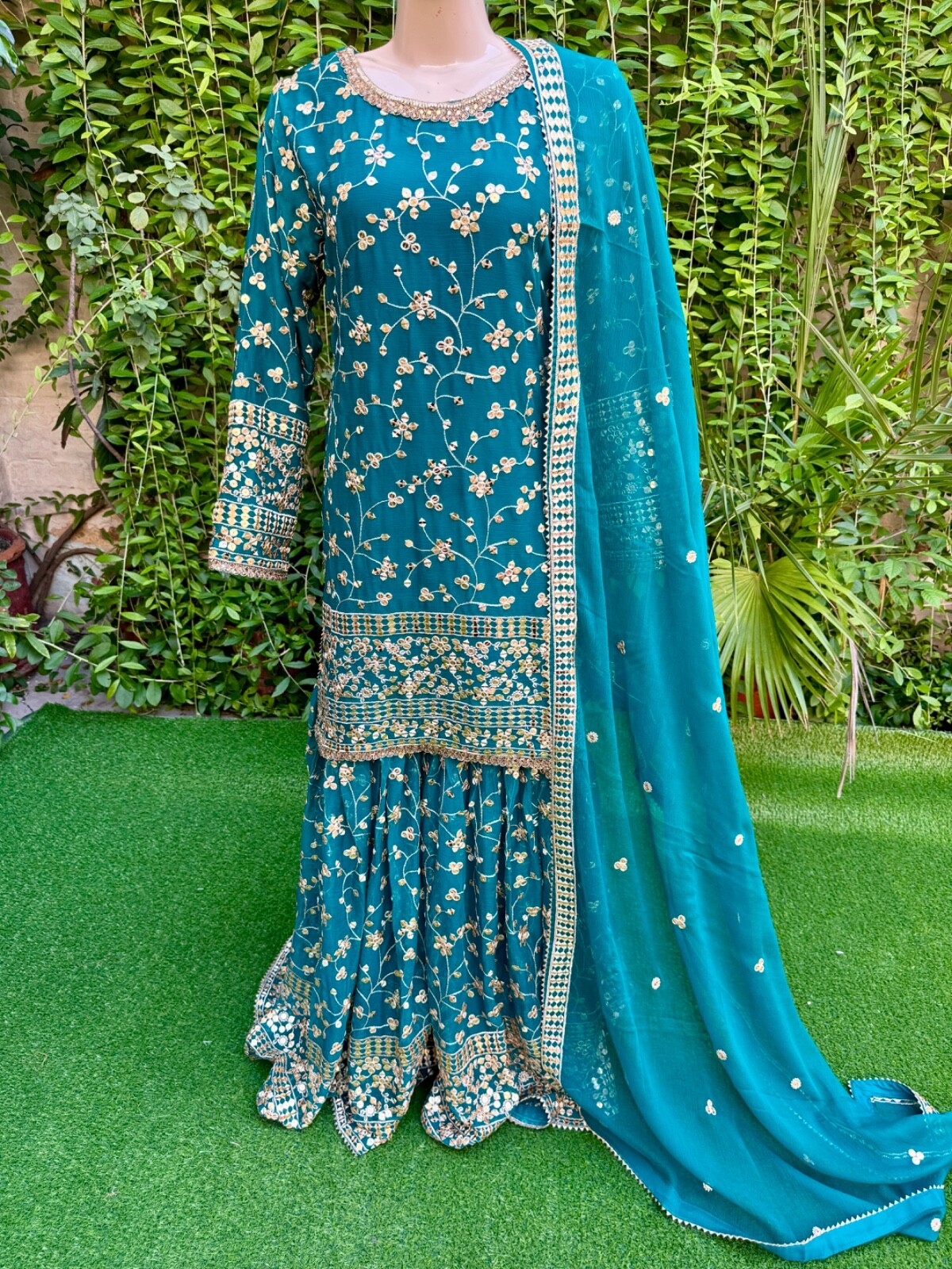 Pakistani Teal Straight Style Embroidered Sequins Chiffon Gharara Dress,L