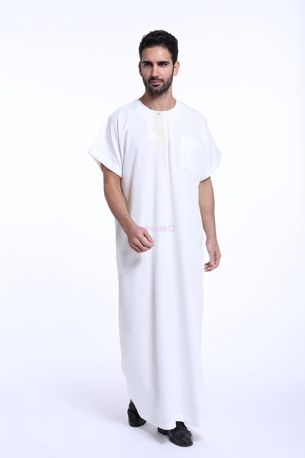Saudi Men Thobe Jubba Thoub Short Sleeve Kaftan Dishdasha Abaya Muslim Men Robe