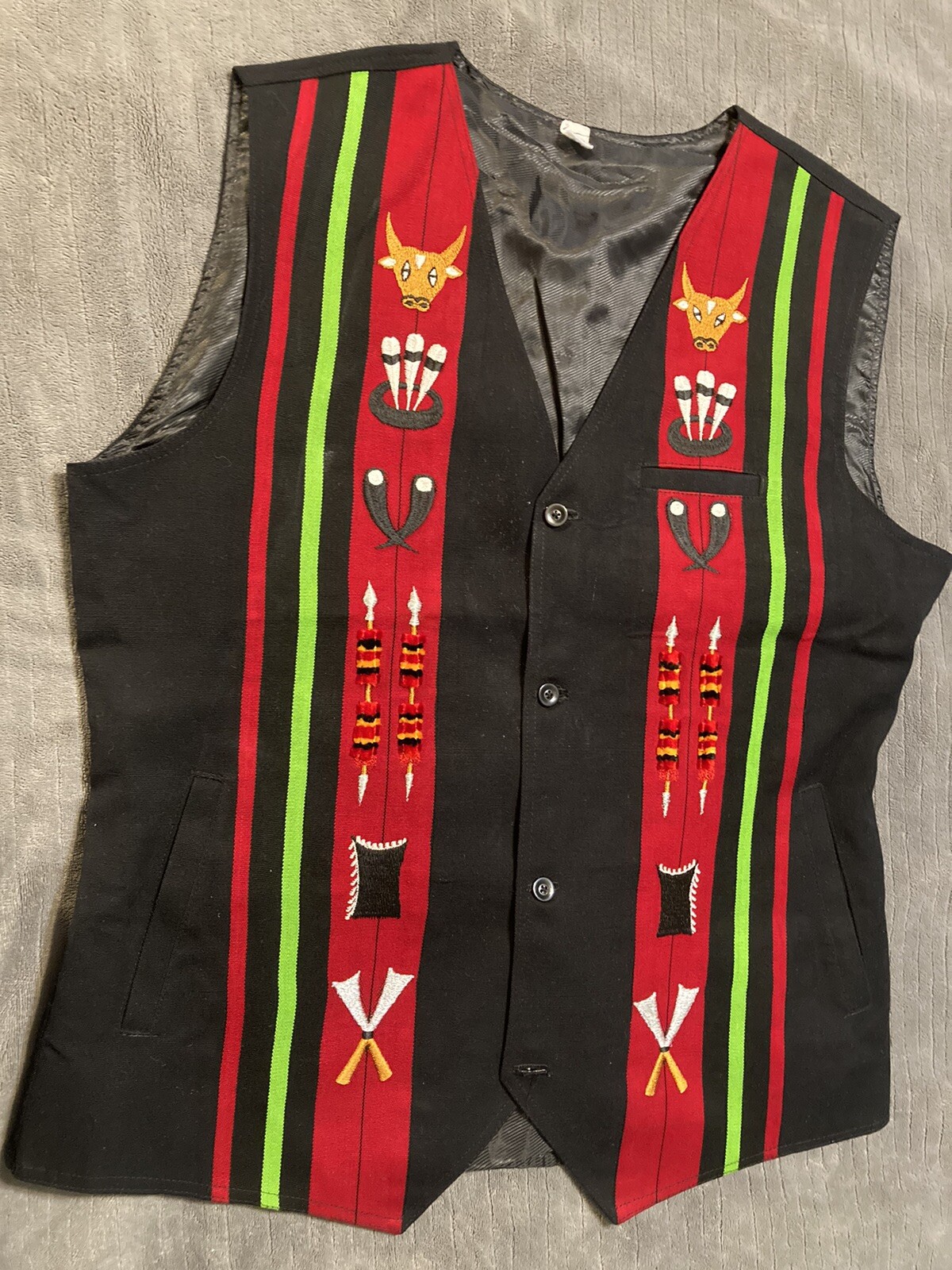 Handmade Ethnic Naga Ao Traditional Mens Waistcoat Red Black Stripes Patches M-L