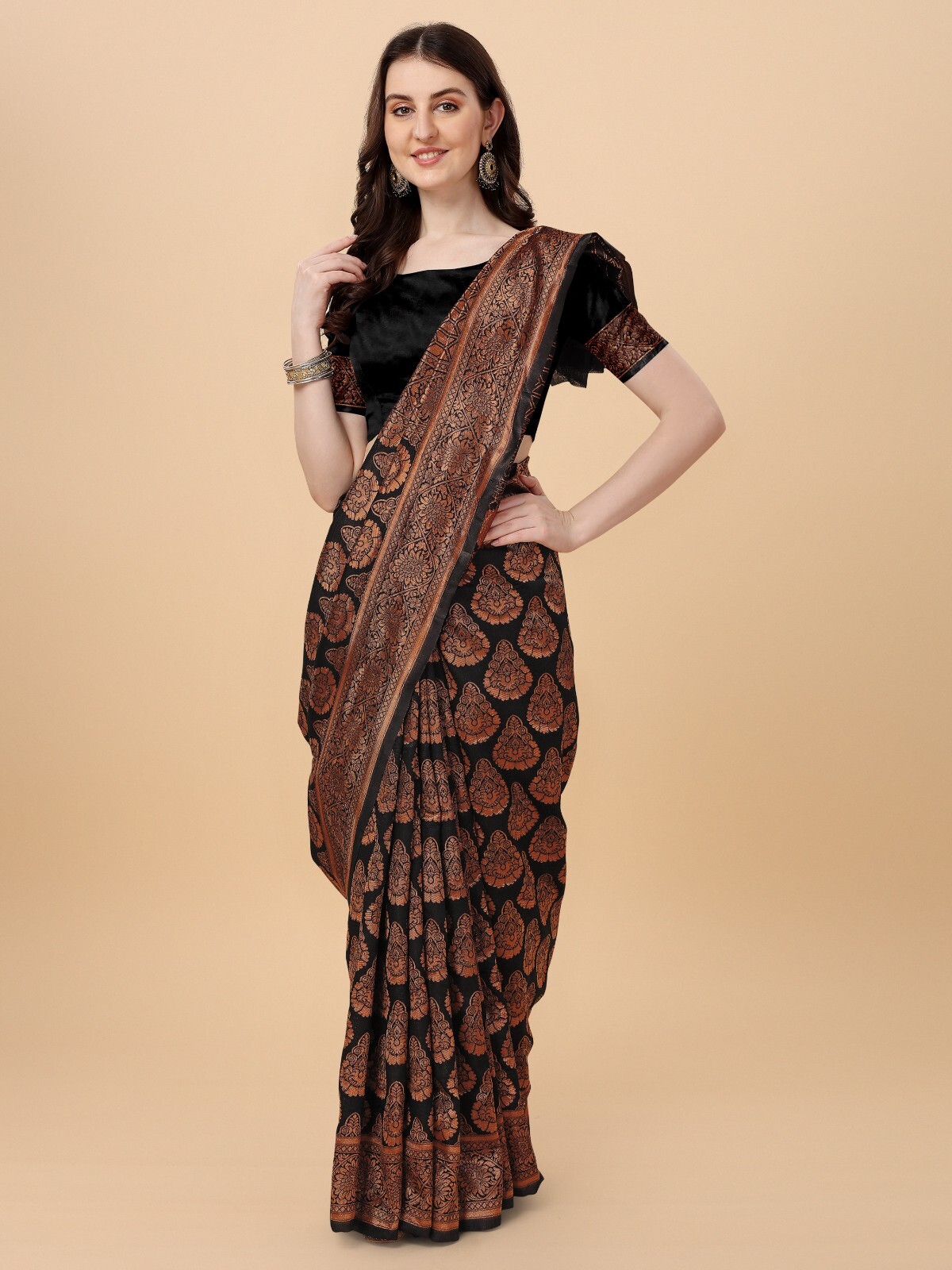 Areca Designer Copper Kumbh Black Silk saree blouses women Saree Cut – 5.5 Meter