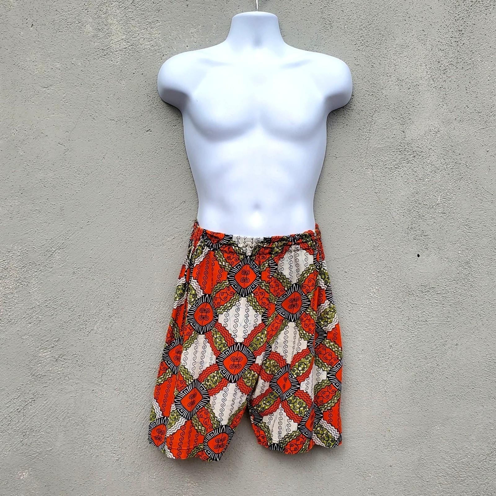 Vintage African Wax Print Cotton Shorts Orange Unisex Men S-L Women L-1X 90s
