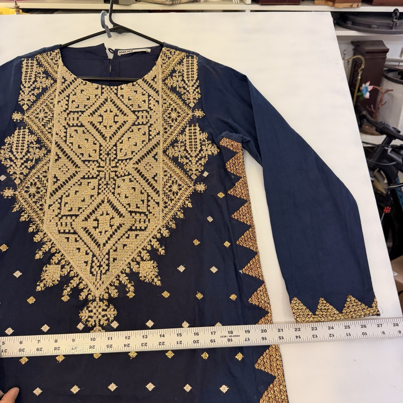 Khaadi Navy Blue Gold Embroidered Kurta Dress Women’s Size 12 Pakistani Formal