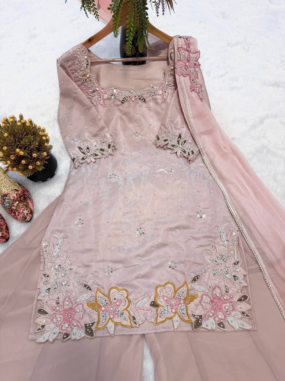 New Designer Roman Glass Silk Kurta Palazzo With Dupatta For Party Wear