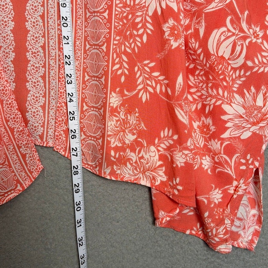 Angie Floral Kimono Cover Up Coral White Boho Open Front Duster Size L
