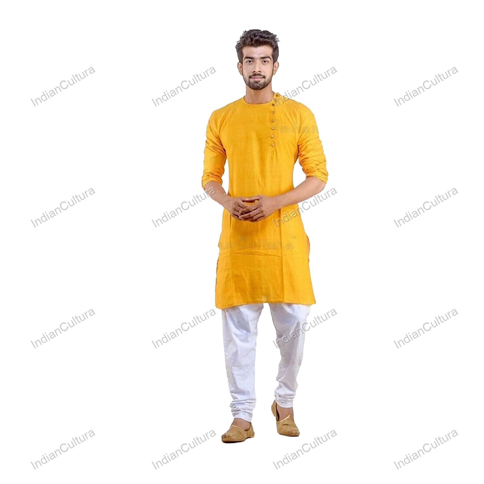 Indian Handmade Traditional Fashion Mens Kurta Cotton Clothing Color Yellow