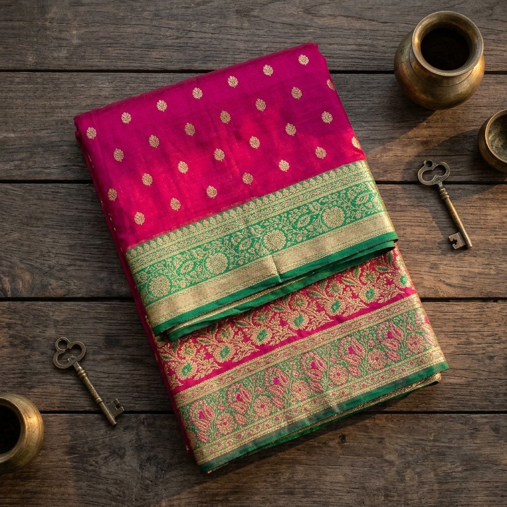 Sanskriti Vintage Pink Pure Satin Saree Banarasi Brocade Meenakari 5 Yard Sari