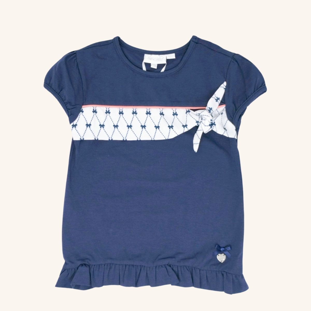 Le Chic Navy T-Shirt with Ribbon, Size 128 (Minor Defect: Hole)