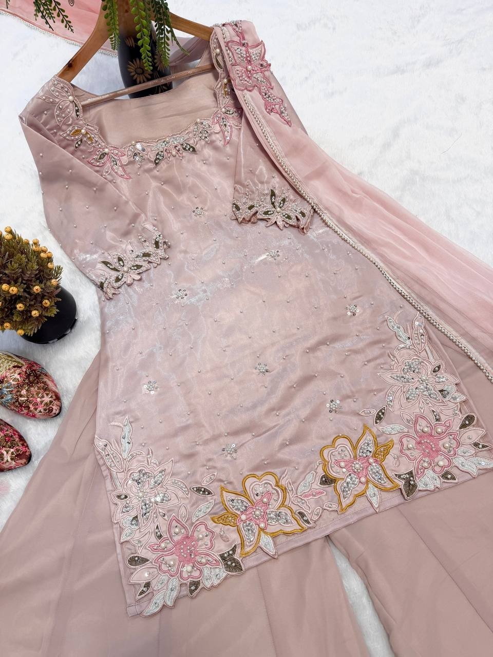 New Designer Roman Glass Silk Kurta Palazzo With Dupatta For Party Wear