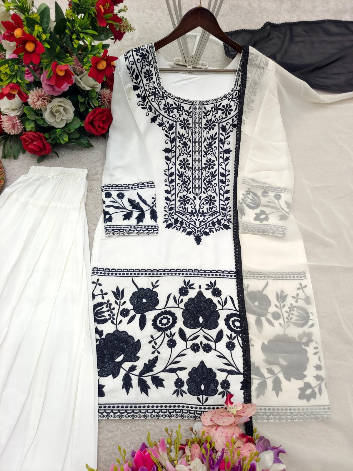 Designer crep Top Farshi Palazzo Dupatta Party Wear Women Farshi shalwar suit