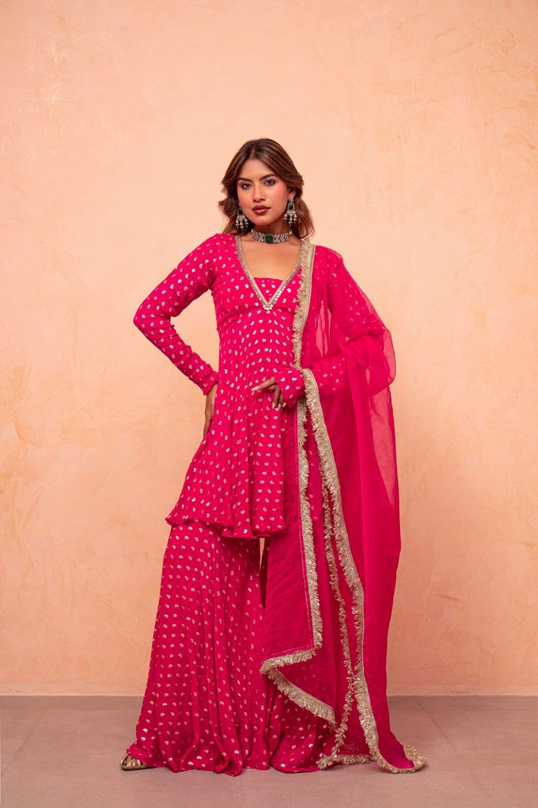 Presenting Jacquard Chanderi Pink Palazzo Suit With Dupatta For Women Party Wear