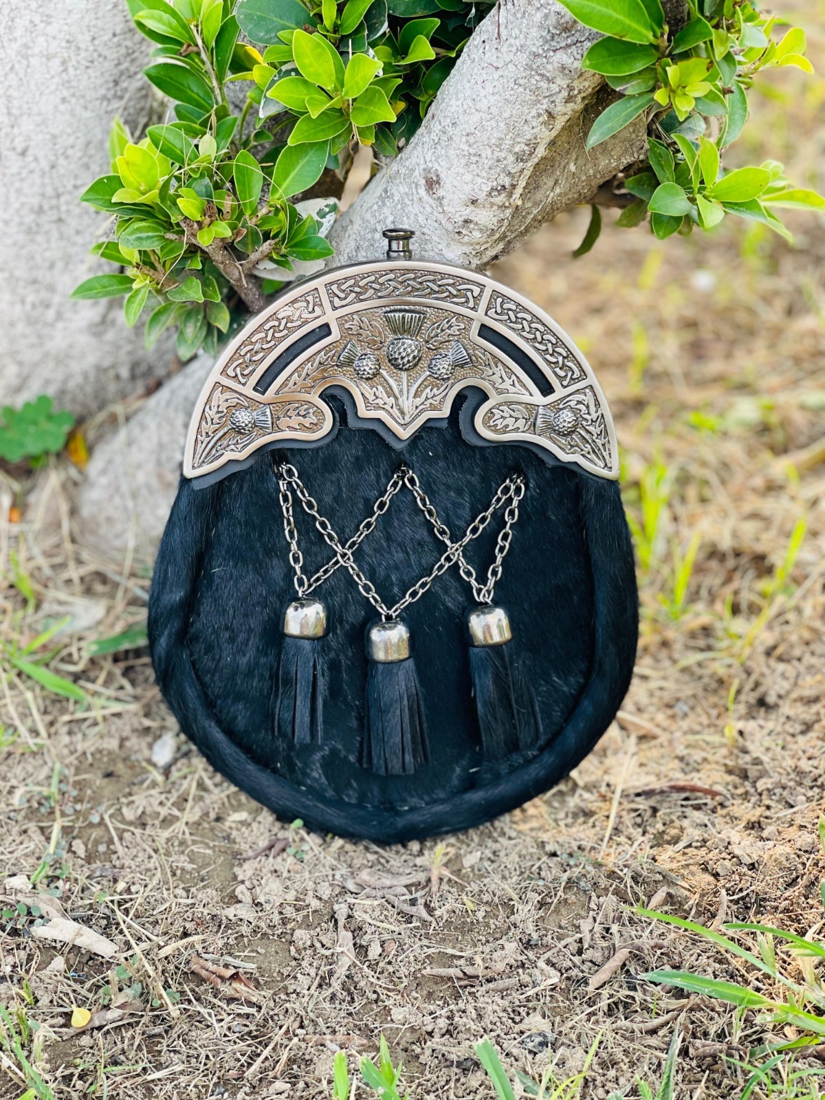 Traditional Black Scottish Kilt Sporran Antique Thistle Design with 3 Tassels