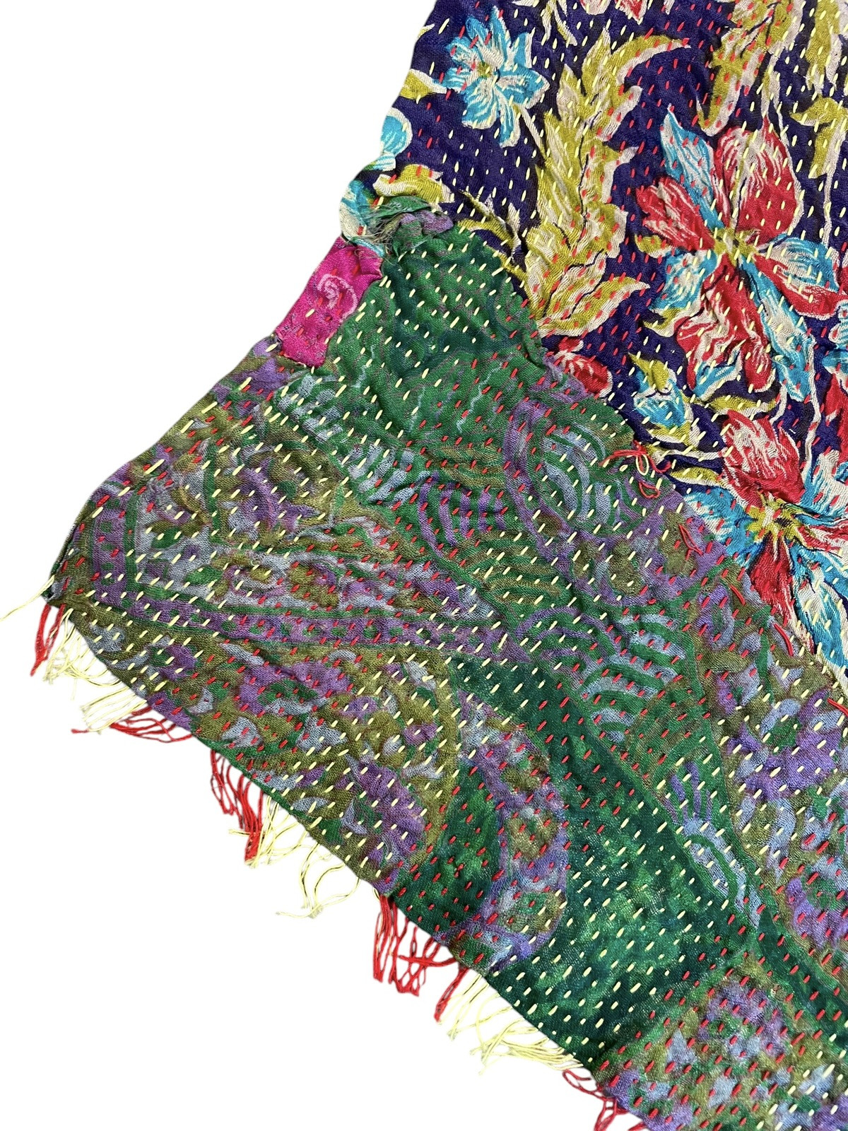 Vintage India 100% Pure Silk Hand Sewn Multicolored Floral Scarf 78”x22” EUC