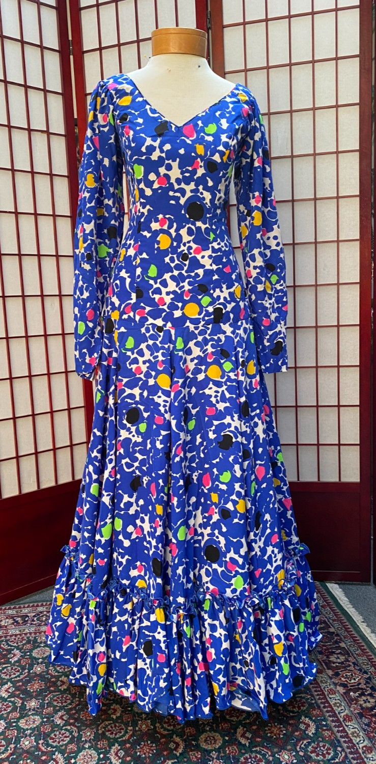 Flamenco Dress with Multi-Color Print, Lime Green Shawl and Yellow Petticoat