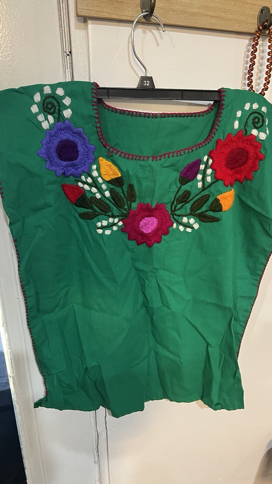 Mexican Floral Blouse Green Bordada a Mano Medium Blusa Mexicana